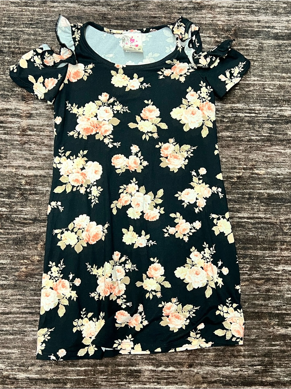 Girls Black Floral Cold-Shoulder Knit Dress